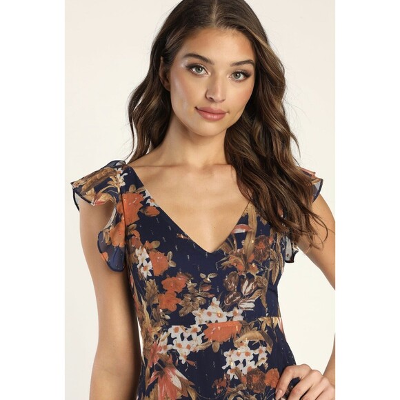 Lulus Maxi Dress Womens Navy Blue Stunning Favorite Floral Ruffled High-Low M - Picture 4 of 9
